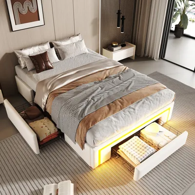 Produktbild von Flieks Polsterbett 90x200cm ohne Kopfteil, Jugendbett Einzelbett mit Schubladen und Led, Stauraumbett Metallbett Kinderbett, PU, Weiß