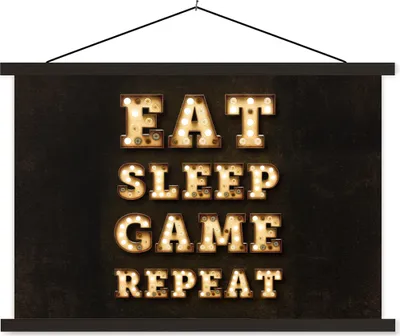 Produktbild von MuchoWow® Textilposter Spiele - Spiele - Zitate - Sprichwörter - Eat sleep game repeat 90x60 cm mit schwarzem Rahmen - Aufhängungssatz