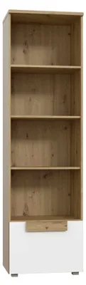 Bücherregal ARKINA Regal in Artisan Eiche mit vier offenen Fächern und weißer Unterschrankeinheit in Gesamtansicht.
