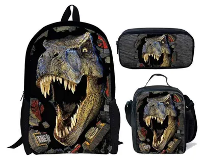 Immagine prodotto di Set di zaini per la scuola Kinder, composto da 3 pezzi: zaino, borsa per il pranzo e astuccio, con motivo dinosauri