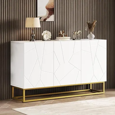 Image de Buffet de 130 cm de largeur, meuble de cuisine moderne avec 3 portes, buffet laqué brillant avec étagères réglables, buffet de cuisine avec portes design, pieds en métal, idéal pour le salon, la salle à manger, le couloir ou l'entrée, couleur blanche