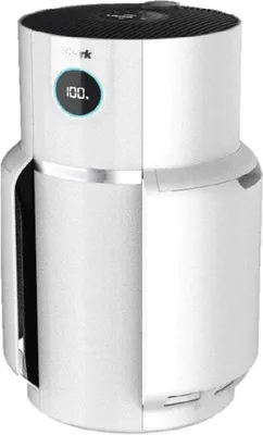 A white and silver Shark air purifier is shown against a white background.