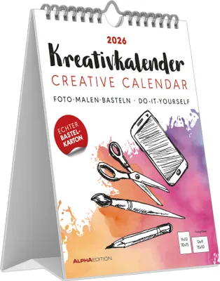 Produktbild von Alpha Edition - Kreativ-Kalender Tischaufsteller hoch weiß 2026 - Bastelkalender 16×20 cm mit schwarzem Papier, deutschem Kalendarium & Spiralbindung, zum Selbstgestalten, Aufhängen & Aufstellen