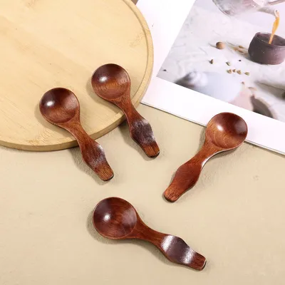 Produktbild von 4 Stück Kleine Holzlöffel - 10 cm Mini Gewürzlöffel - Braune Kleine Löffel für Gewürze - Runde Holzsuppenlöffel für Salz Zucker Honig Saucen Dips Senf Kochen