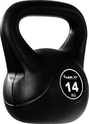 A black kettlebell is shown against a white background.