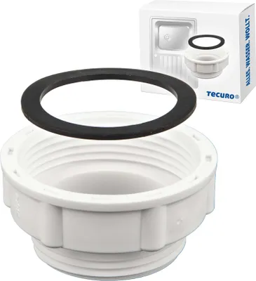 A white plastic plumbing adapter with a black rubber gasket in front of a product box.