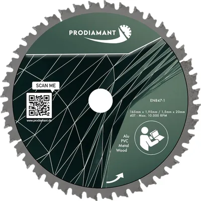 Immagine prodotto di Lama circolare PRODIAMANT da 165 mm per legno, metallo e alluminio con denti HM TCT