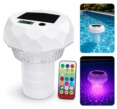 Produktbild von Solar Dosierschwimmer Pool, 3-in-1 Thermometer LED, 8 Farben, Timer, IP68, 1200mAh – für Chlor, Whirlpool, Teich