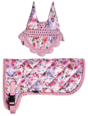 Produktbild von HKM Hobby Horse Set - Print - Sterne-Blumen-Herzchen – Decke & Fliegenhaube Farbe - Pink mit Blümchen
