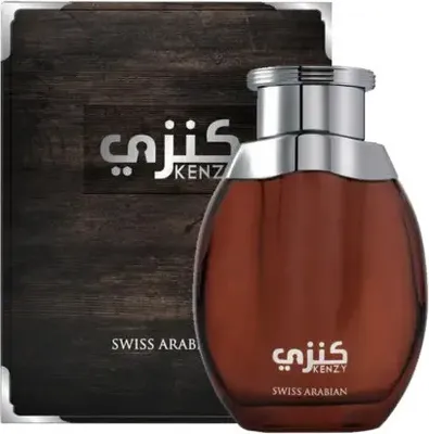 A perfume bottle and its packaging are displayed against a white background.