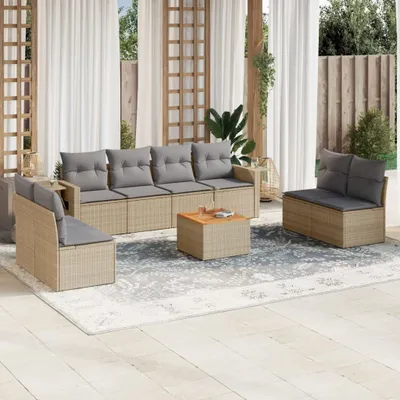 Produktbild von Design 9-tlg. Garten-Sofagarnitur mit Kissen Beige Poly Rattan, Gartensofas 2024 Neu