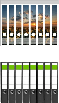 Produktbild von Wallario 8 Stück schmale Ordner inkl. Klebeetiketten mit Motive Sonnenblumenwiese vor Wolken mit Sonnenuntergang -  Set mit Rückenschildern / Ordnerrücken Stickern