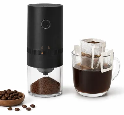 Produktbild von Elektrische Kaffeemühle mit Keramikmahlwerk, tragbare Akku Kaffeebohnenmühle mit USB-C Ladefunktion, einstellbarer Mahlgrad für Espresso, French Press und Camping