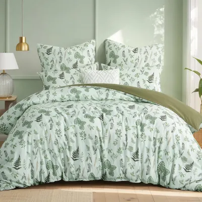 Produktbild von Bettwäsche-Set 200x200 cm 3-teilig Mikrofaser Grün Blätter Muster mit Reißverschluss