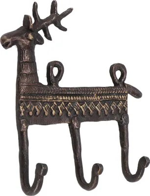 Produktbild von Filigran Verzierter 3`er Messing Wandhaken, Wandgarderobe, Schlüsselhalter mit Gravur - Hirsch / Antikbraun, 13*13*3,5 cm, Wandhaken aus Holz, Metall & Keramik