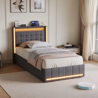 Productafbeelding van Boxspringbed - Enkelbed 90 x 200 cm - Met opbergruimte - LED-verlichting - Lattenbodem - Grijs - Zonder matras