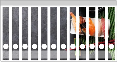 Produktbild von Wallario Ordnerrücken Sticker, selbstklebend für schmale Ordner, 12 Stück, Motiv Sushimenu auf Schiefer - Nigiri mit grünem Tee