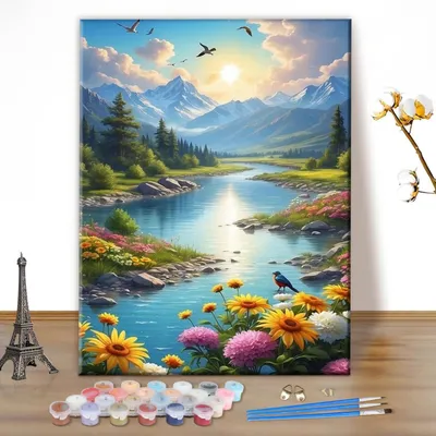 Produktbild von Malen nach Zahlen Set Landschaft Natur 30x40cm Ohne Rahmen Acrylfarben Pinsel