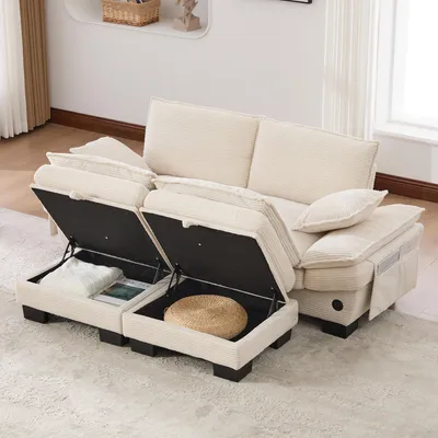 Obrázok produktu pre okwish modulárna pohovka pre 2 osoby s 2 taburetmi, ergonomicky široká sedacia plocha, relaxačná pohovka s USB-C portom, pohovka do obývačky s bočnými vreckami, materiál: manšestr, farba: béžová