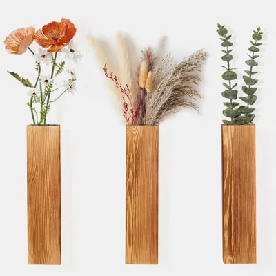Produktbild von Wandvase Set aus 3 - Wandpflanzenbehälter aus Holz - Holz-Wandvase - Behälter für Trockenblumen - Abmessungen 30x7x4cm - Inklusive Wandanker - Pflanzenbehälter