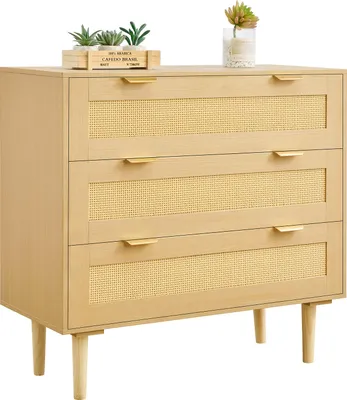 Zdjęcie produktu dla VEVOR rattanowa komoda z 3 szufladami, metalowymi uchwytami i drewnianymi nogami, nowoczesna rattanowa szafka do sypialni, salonu, przedpokoju (80 x 35 x 77 cm) szafka z szufladami na ubrania
