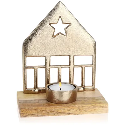 Teelichthaus aus Aluminium und Mangoholz, gold/braun, 16x13x8 cm