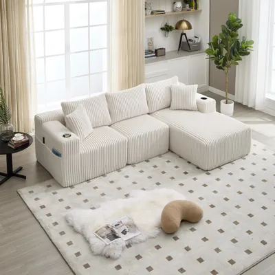 Produktbild von LVHOM Modulares Sofa mit Schlaffunktion, Ecksofa mit Cordbezug, 3 Sitzer mit Kissen, Schlafsofa ohne Montage, Loungesofa 257x80x160cm, Beige