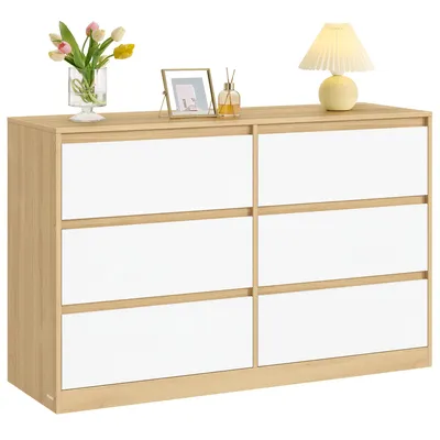 Produktbild von VASAGLE Kommode mit 6 Schubladen Modernes Sideboard für Schlafzimmer 119,4 x 40 x 75 cm Mandelgelb und Weiß