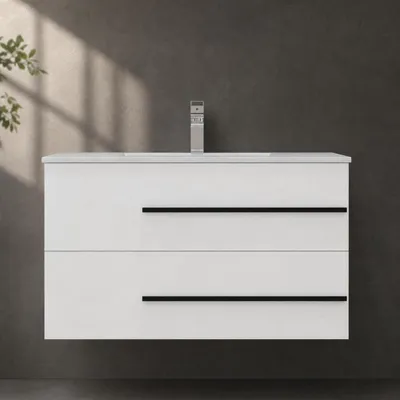 Image de Lavabo avec meuble sous-vasque de 90 cm, blanc brillant, en céramique, suspendu, avec système de fermeture douce et 2 tiroirs