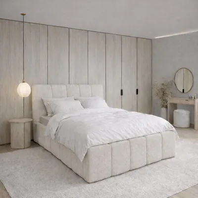 Image de Lit tapissier CLOUDY avec coffre de rangement | Lit 160x200 | Lit double avec espace de rangement et sommier à lattes | Style boxspring | Sans matelas | Chambre à coucher - Beige