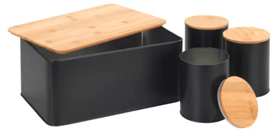 Produktbild von WENKO Brotkasten Schwarz Küchenzubehör Set mit Aufbewahrungsdosen Metall Bambusdeckel Küchenorganisation für Küche Ordnung 32,5 x 21 x 15 cm Schwarz Braun