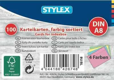 Produktbild von Stylex Karteikarten A8 100er farbig sortiert 42674