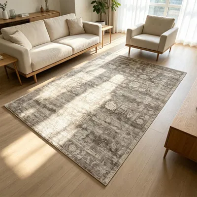 Productafbeelding van Beige vloerkleed met een modern ornamentpatroon en een vlakke, zachte viltstructuur. Afmetingen: 240 x 330 cm