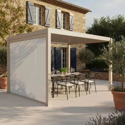 Image de Pergola bioclimatique autoportée 3x4m et 1 store bois crème - Oviala Athenes