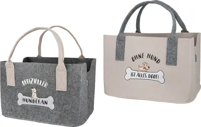 Produktbild von GILDE Tasche, "Hundefan", Hundmotiv, Spruch, Filz, beige, grau, , 2 Stück wie abgebildet, L. 25 cm, B. 40 cm, H. 26 cm 50819