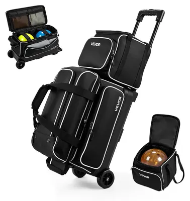 Image de Sac de bowling VEVOR avec roulettes (pour 2 boules + 1 mini-sac) en Oxford 600D, blanc et noir, pouvant contenir des chaussures jusqu'à la taille américaine 16 et des accessoires. Il est équipé d'une poignée télescopique (jusqu'à 1016 mm) et de compartiments à double couche