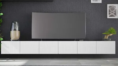 Zdjęcie produktu dla Szafki RTV Wiszące KOLDER 2w1 Szerokość 300 cm Biały Mat Ryflowany Front Do Salonu KL-02-BLM