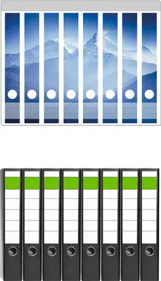 Produktbild von Wallario 8 Stück schmale Ordner inkl. Klebeetiketten mit Motive Sonnenaufgang  in  den  Bergen -  Set mit Rückenschildern / Ordnerrücken Stickern