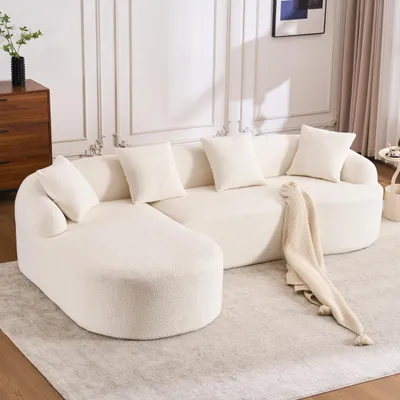 Obrázek produktu pro MODFU L-tvarová pohovka, třímístná s levým chaise longue, s polštáři a područkami, rozkládací pohovka z chenille, zakřivený rohový design, bez montáže, vhodná do malých bytů, bílá