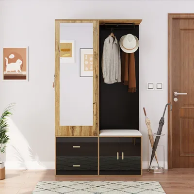 Produktbild von Odikalo Garderoben-Set Kleiderschrank Kleiderablage Schuhschrank Spiegel Haken Stange Weiß