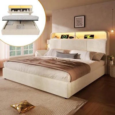 A bedroom scene featuring a modern bed with a lit headboard and a smaller inset image showing the bed's storage mechanism.