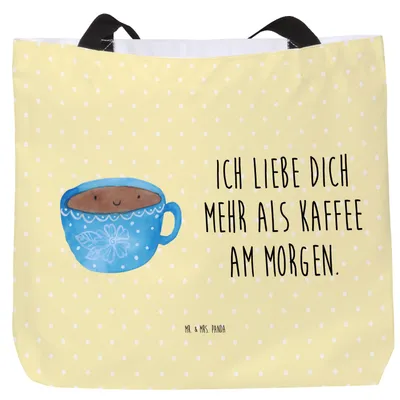 Produktbild von Mr. & Mrs. Panda Strandtasche Kaffee Tasse - Gelb Pastell - Geschenk, Genuss, Lustige Sprüche, Glücklich, Tasche, Geschmack, Laptoptasche, Liebe, Tote Bag, Reisetasche