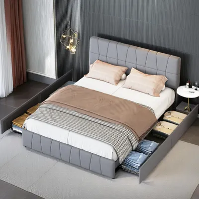 Produktbild von ProximaX Grau-Polsterbett 140x200cm, Doppelbett mit 4 Schubladen, Lattenrost, Holzrahmen, Stauraumfunktion und Samtbezug