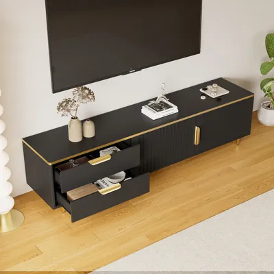 Productafbeelding van MODFU TV-kast met 2 lades en 2 deuren, lange tv-meubel van 175 cm, woonkamerkasten, tv-meubels voor televisies tot 80 inch, geschikt voor woonkamer, eetkamer en slaapkamer, zwart