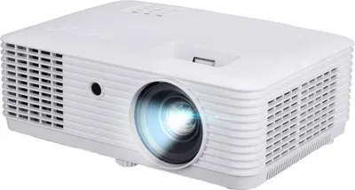A white projector is shown from a three-quarter angle against a white background.