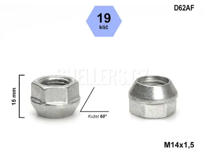 Obrázek produktu pro Kolová matice M14x1,5 kužel otevřená, klíč 19, D62AF, výška 15 mm