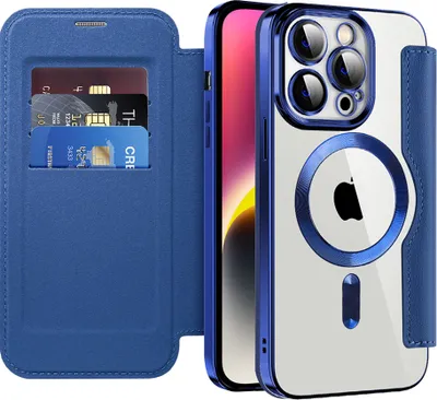 Image de Étui compatible MagSafe pour iPhone 14 Pro, étui transparent avec porte-cartes, étui en cuir avec protection de l'appareil photo bleu