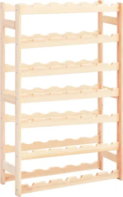 A wooden wine rack with multiple shelves.
