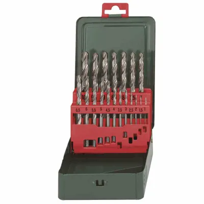 A set of drill bits in a metal case.