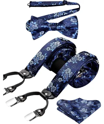 Produktbild von Hosenträger Set Herren Y-Form 3,5 cm mit 6 Clips, elastisch, blau Blumenmuster, inkl. Fliege & Einstecktuch